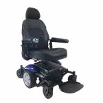 Merits Vision Sport mid-wheel drive power chair with black semi-reclining captain’s seat and blue shrouds