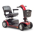 Pride Mobility Victory 10 4-Wheel mobility scooter in red with front basket and padded swivel seat