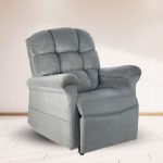 Golden Technologies Comforter Medium lift chair recliner in soft gray fabric with plush seam back and full chaise pad