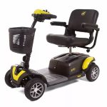 Buzzaround EX 4-Wheel mobility scooter in yellow with front basket and adjustable tiller.