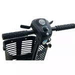 Close-up of Buzzaround LT 4-wheel scooter handlebar controls and basket