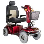 Merits Pioneer 10 heavy-duty outdoor mobility scooter in red with high-back captain’s seat, front basket, and LED lighting