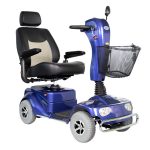 Merits Pioneer 4 heavy-duty 4-wheel mobility scooter in blue with captain’s seat and front basket