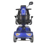 Front view of Merits Pioneer 4 mobility scooter in blue with headlight package and front basket