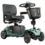 Pride Mobility Baja Bandit 4-Wheel outdoor scooter in green with stadium seat, front basket, and rugged tires