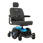 Pride Mobility Jazzy EVO 614 power wheelchair with black high-back seat and blue shroud