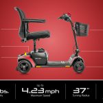 Pride Go Go Elite Traveller 2 4-Wheel mobility scooter side view with mesh-back seat and front basket