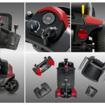 Go Go Elite Traveller 2 4-Wheel scooter with detailed close-ups of controls, seat, disassembled parts, and EZ Turn Technology