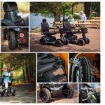 Collage showing Pride Pursuit 2 mobility scooter in outdoor settings