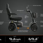 Pride Pursuit 2 mobility scooter side view with labeled features including USB charging port