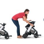 WHILL Model F folding electric wheelchair shown in three-step folding process